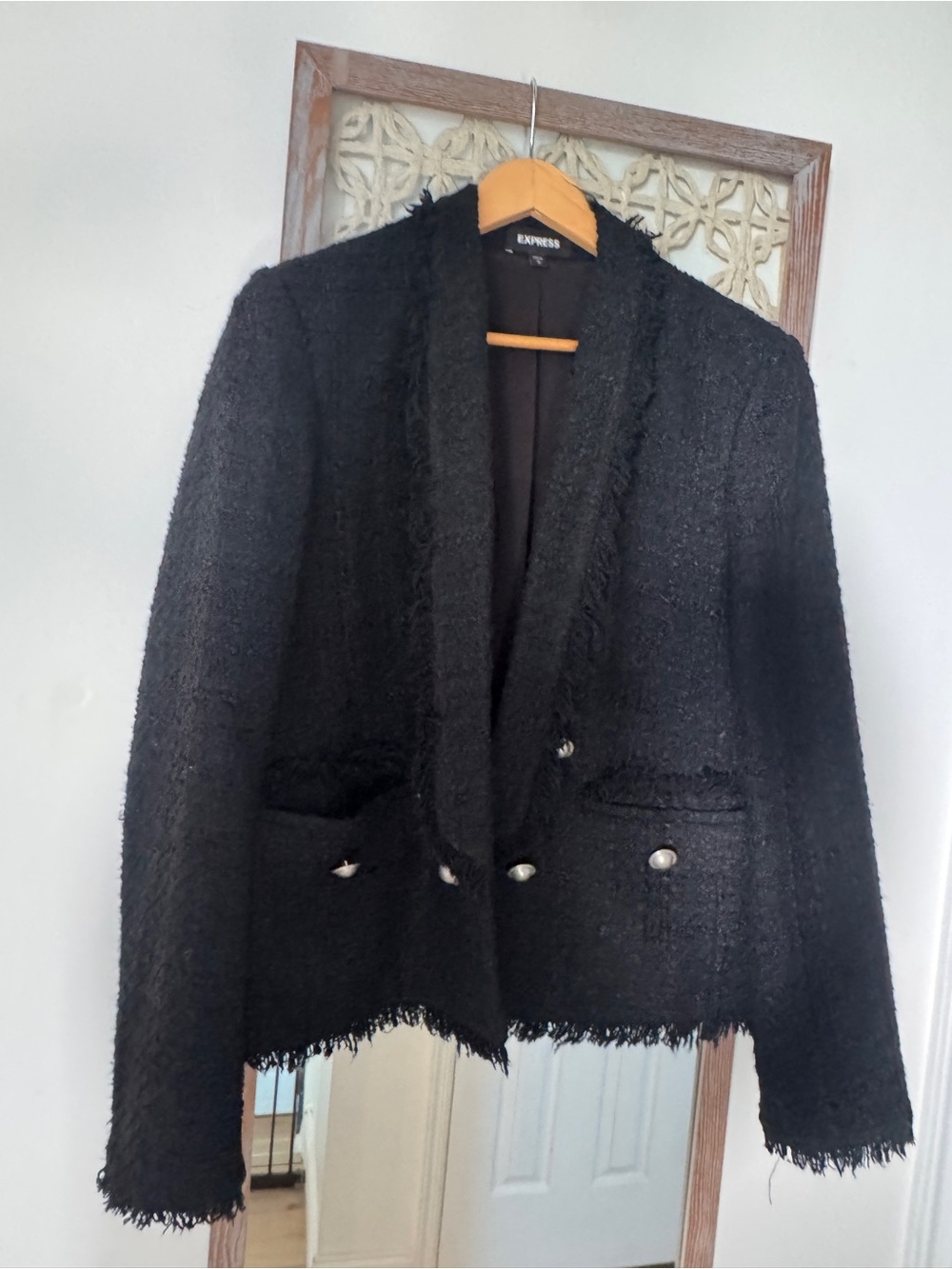 Express Black Tweed Frayed-Trim Double Button Blazer